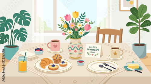 An inviting flat design illustration of a Mother's Day brunch table, complete with pastries, coffee, and flowers, symbolizing a relaxed and loving celebration. This minimalist vector art creates a war