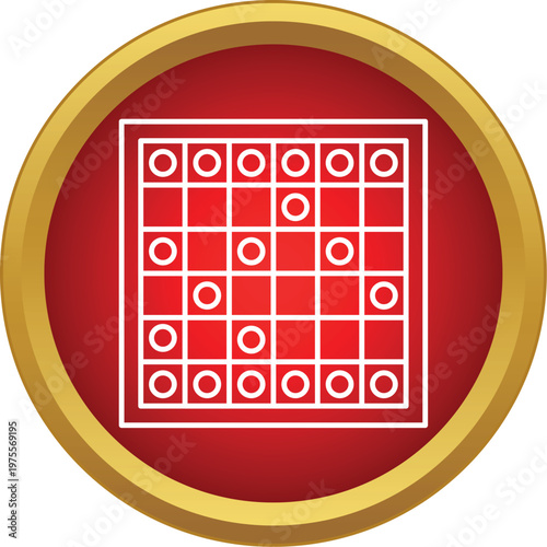 Checkers board game with pieces on a red circular icon