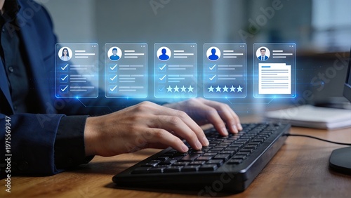 Businessman using computer keyboard with digital interface displaying user profiles and ratings in modern office technology concept for recruitment performance review and data
