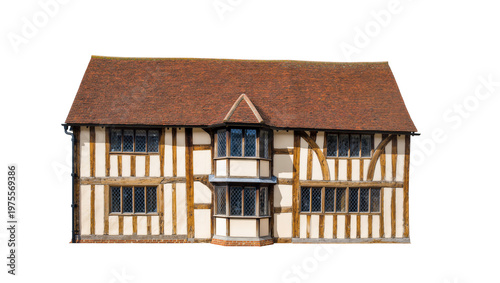 Фотография Tudor timber-framed house with red tiled roof, isolated on transparent backgroun