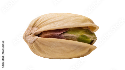 Single pistachio nut with light brown shell and green kernel, isolated on transparent background