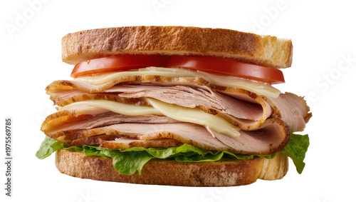 Fotografie Stacked turkey and cheese sandwich with lettuce and tomato, isolated on transpar