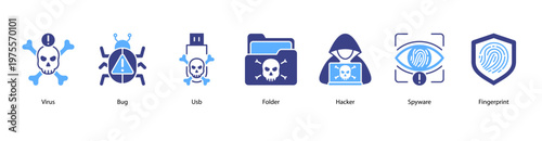 Cyber Threats web banner icon vector illustration featuring Virus, Bug, USB, Folder, Hacker, Spyware, and Fingerprint.