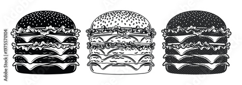 Set of 3 Triple Decker Burger Vector Illustrations Black and White