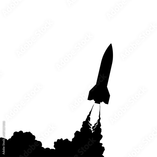 Silhouette rocket launching with smoke trail against white background
