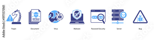 Data Protection web banner icon vector illustration featuring Trojan, Document, Virus, Malware, Password Security, Server, and Bug.