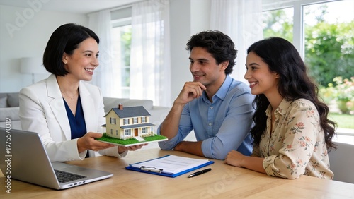 Real estate agent presenting model house to happy couple home buying concept property investment mortgage consultation interior meeting family finance sales agreement new home