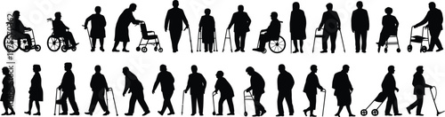 Black silhouettes of elderly people with mobility aids 