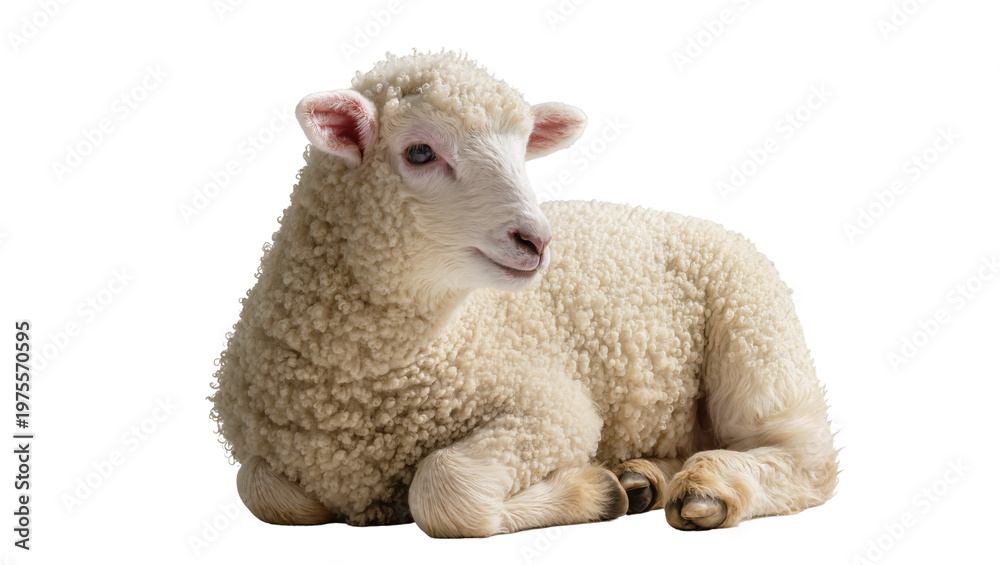 Naklejka premium Fluffy white lamb resting peacefully, isolated on transparent background