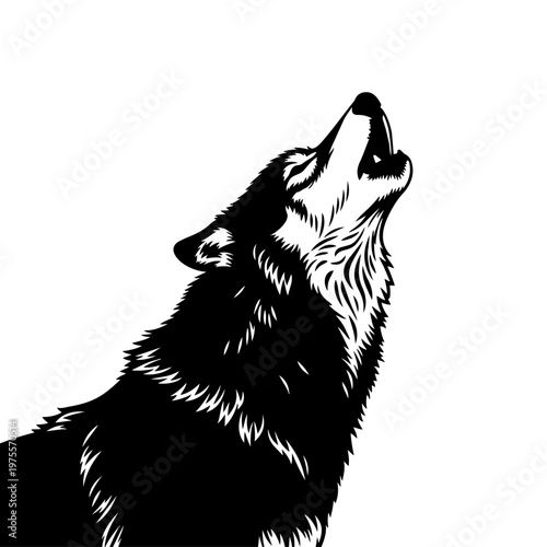 Black wolf howling against white background in graphic style