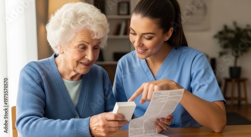 A young female caregiver is assisting an elderly woman with reading a medication prescription. The woman is seated at a wooden table, holding a small pill bottle and a printed document. 