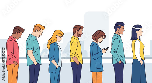 Diverse people standing in line, group of men and women waiting in queue, flat vector illustration of crowd in city