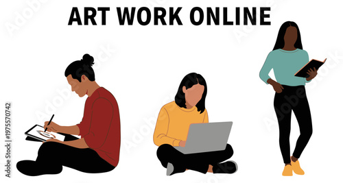 Diverse individuals engaged in creative pursuits with digital tools and books