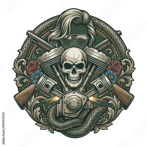 Vintage skull emblem with pistons, guns, and floral elements