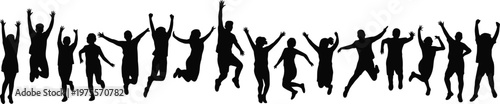 Black silhouettes of people jumping and raising arms  raised arms