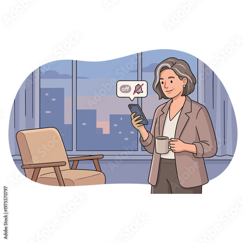 Woman texting on phone while holding coffee in modern office with city view