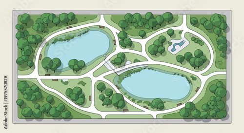 Aerial city park map illustration, top view landscape design with lakes and trees, urban garden layout with walking paths and ponds, vector eps format