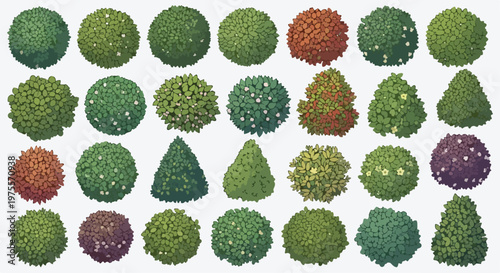 Green garden bushes and shrubs collection, 28 landscape plant icons in EPS format, flat vector foliage for architectural site plans and park design