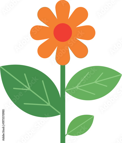 Simple orange flower with a red center and green leaves, depicted in a flat graphic.