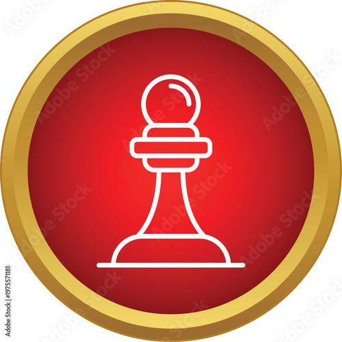 White outline chess pawn piece standing on red circle button with gold border