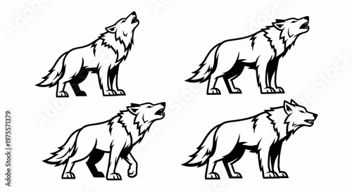 Four howling wolf illustrations in black and white, showcasing different poses.
