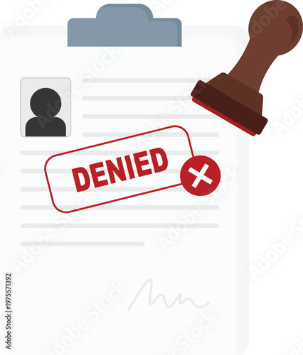 Rejected Document Vector with Denied Red Stamp and Rubber Stamper Tool. Ideal for themes regarding loan rejection, visa denial, failed applications, and administrative decisions.