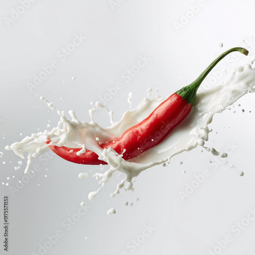 Rote Chili fällt ins Wasser, dynamischer Splash mit hoher Geschwindigkeit, frische Food-Inszenierung auf hellem Hintergrund mit viel Copyspace.