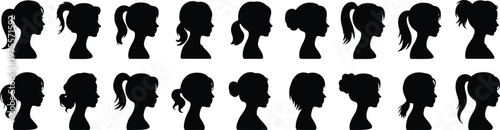 Black silhouettes of women's heads with various hairstyles