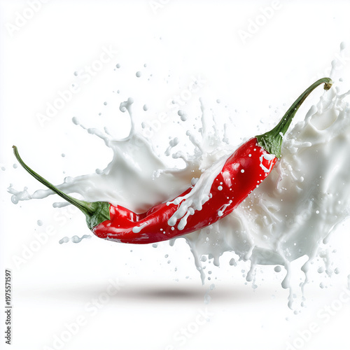 Rote Chili fällt ins Wasser, dynamischer Splash mit hoher Geschwindigkeit, frische Food-Inszenierung auf hellem Hintergrund mit viel Copyspace.