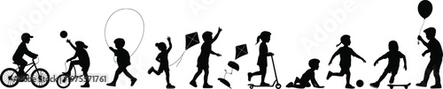 Children playing with toys and sports equipment in silhouette silhouettes