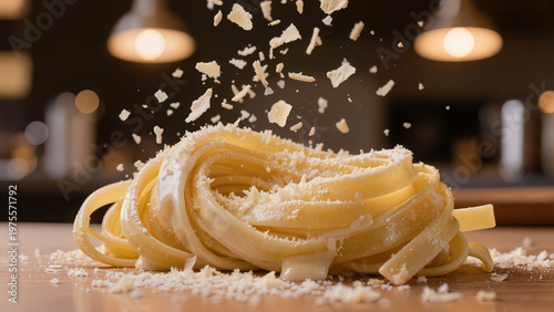 Fresh pasta with grated cheese falling in a restaurant kitchen during dinner preparation Generative AI