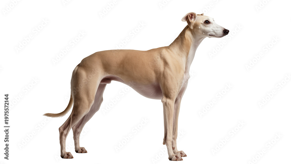 Fototapeta premium Elegant fawn whippet dog standing, isolated on transparent background