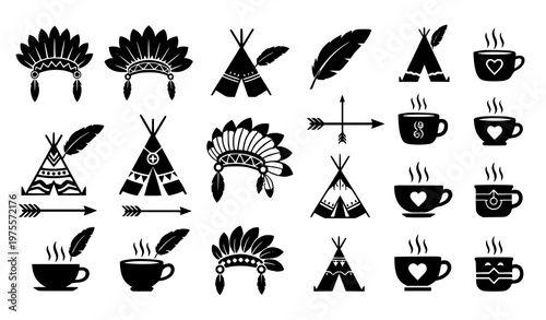 Set of boho tribal icons including teepee feathers headdress arrows and coffee cups in black flat design collection