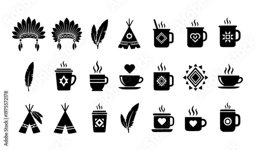 Set of boho tribal icons with feathers teepee coffee cups and ethnic ornaments in black flat design collection