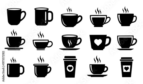 Set of coffee cup and mug icons with steam and takeaway designs in black flat style cafe beverage collection