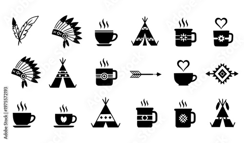 Set of boho native american elements coffee cups feathers teepee and tribal icons in black flat design collection