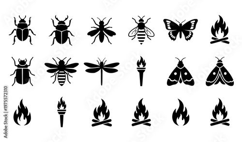 Set of insect silhouettes fire flames and torch icons in black flat design style nature and danger symbol collection