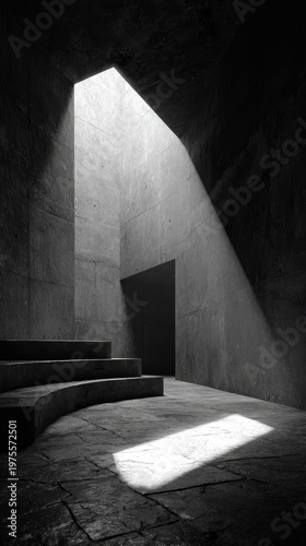 Modern concrete church interior with expansive stone floor and cold textured surfaces, illuminated by direct ceiling light beam, large open space, black and white minimalistic architecture.