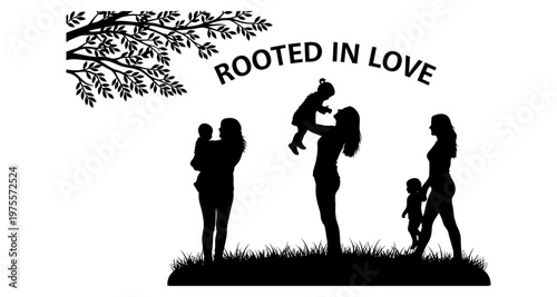 Family silhouettes with a tree branch and text rooted in love