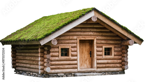 Rustic wooden log cabin with mossy green roof, isolated on transparent background