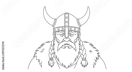 Black and white line drawing of a bearded viking warrior wearing a traditional horned helmet and fur trimmed armor clothing.