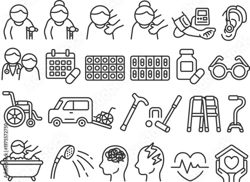 高齢者・介護・医療のアイコン（線画）のイラストセット