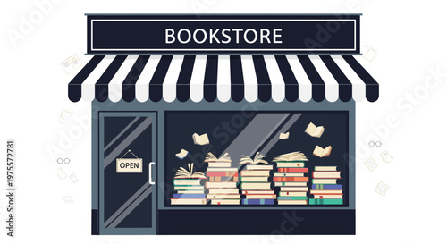 Cozy bookstore storefront with a black and white striped awning and windows filled with large stacks of colorful books for sale.