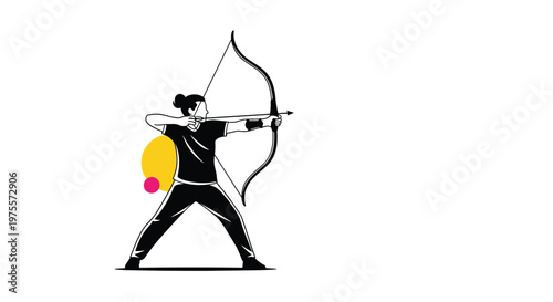 Silhouette of a focused female archer pulling back a bow string and aiming an arrow at a target in a sporting pose.