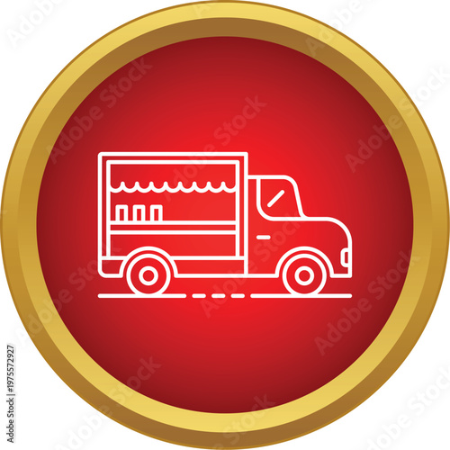 White outline icon showing a food truck serving street food in a red and gold circle