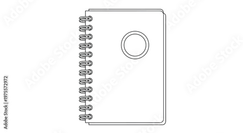 Simple line drawing icon of a spiral bound notebook with a circular emblem on the front cover for writing or sketches.