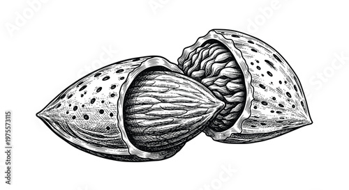 Detailed hand drawn sketch of two almonds with one partially opened showing the nut kernel inside on white background.