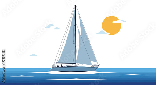 Elegant sailboat with white sails gliding across the blue ocean under a bright yellow sun and light clouds background.