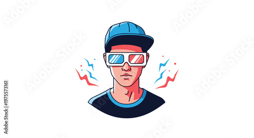 Illustration of a stylish young man wearing a blue cap and retro 3D glasses with red and blue lenses for movie viewing.