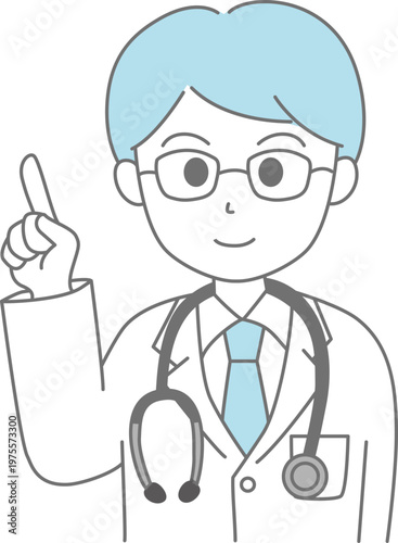 Doctor explaining with pointing gesture, simple line art illustration